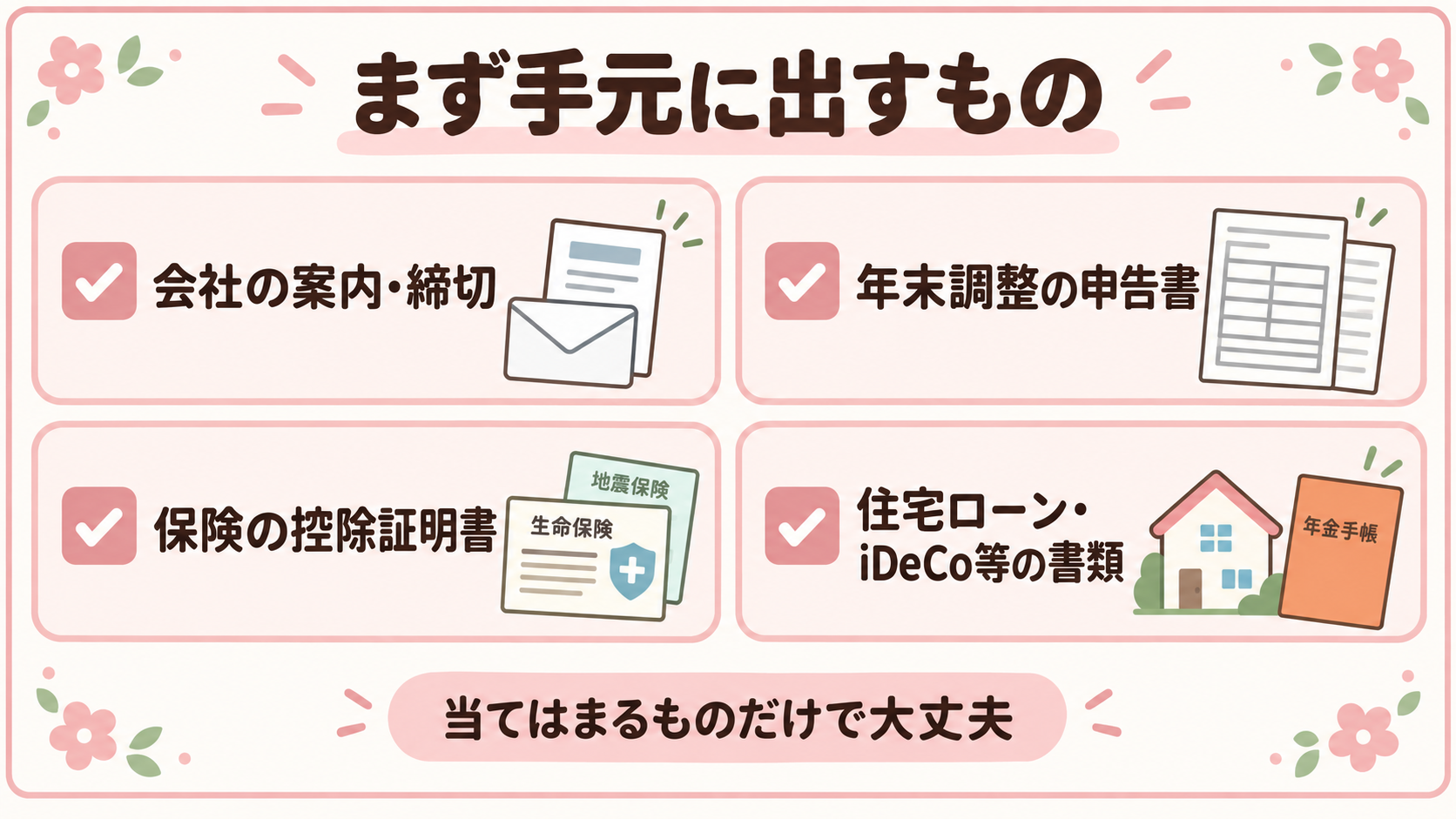 年末調整で最初に手元へ出す会社の案内、申告書、保険の控除証明書、住宅ローンやiDeCoの書類