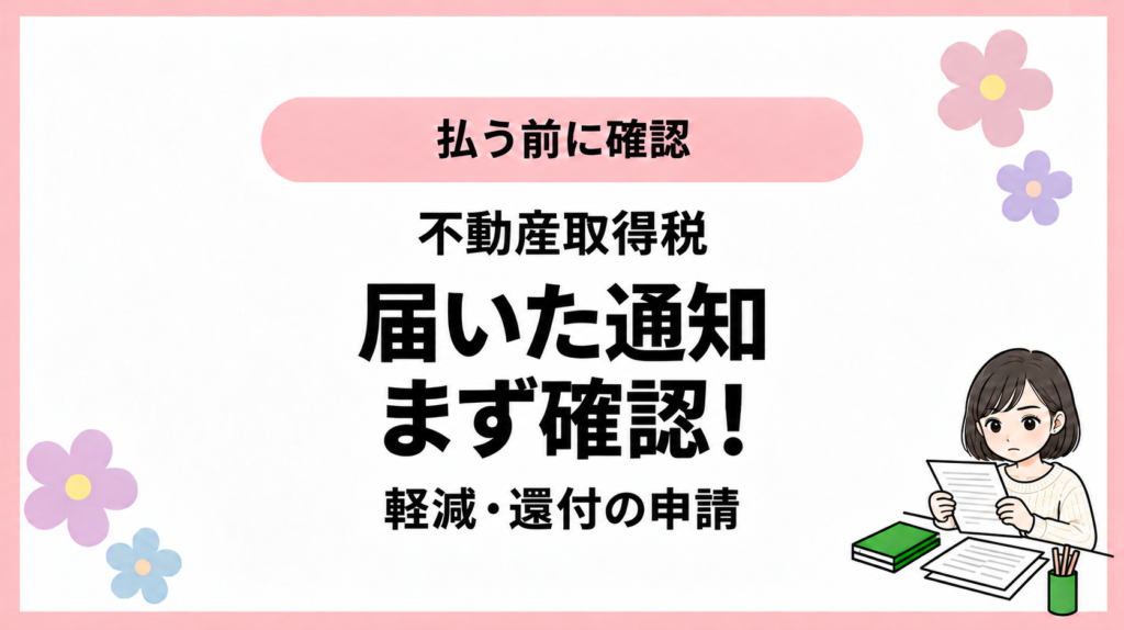 払う前に確認。不動産取得税。届いた通知。まず確認！。軽減・還付の申請。ひなさん風イラストの表紙。