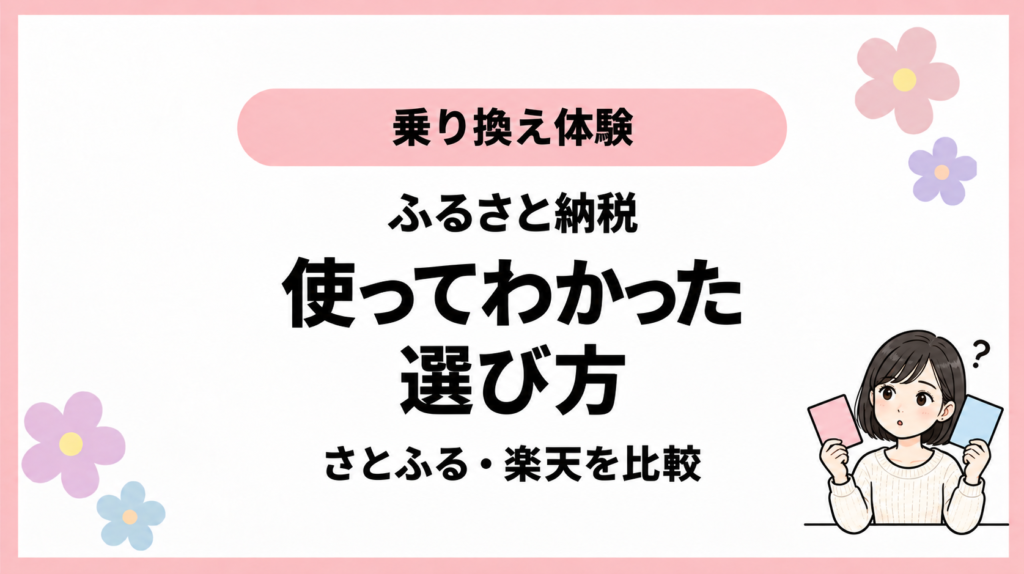 乗り換え体験。ふるさと納税。使ってわかった。選び方。さとふる・楽天を比較。ひなさん風イラストの表紙。