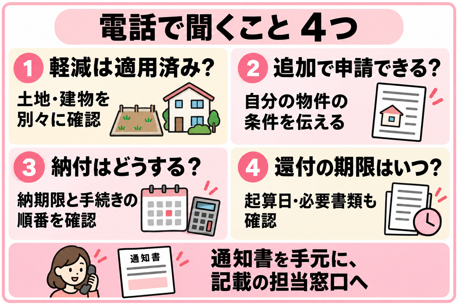 電話で、軽減の適用状況、追加申請の可否、納付方法、還付の起算日と期限・必要書類を確認します。