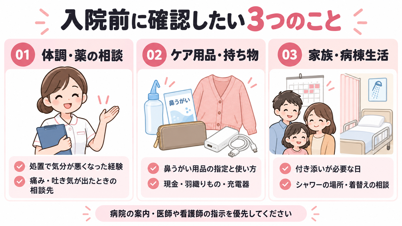 入院前の確認ポイント:体調や薬の相談、ケア用品と持ち物、家族の付き添いと病棟生活。病院の案内を優先してください。